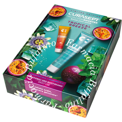 Curasept cofanetto tropical breeze protection booster 1 frozen mint dentifricio 75 ml + 1 dentifricio passion fruit 20 ml